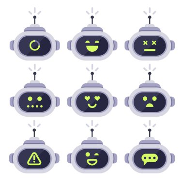 Sohbet etmek avatar. Bilgisayar sohbet botlar, android robot yüz ifadeleri ve robotik cyborg baş. Vektör Icon set robotlar logo veya bot