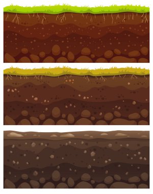 Seamless soil layers. Layered dirt clay, ground layer with stones and grass on dirts cliff texture vector pattern clipart