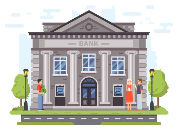 Operações bancárias. fachada do edifício do banco com colunas. Pessoas transportam dinheiro para bancos, usam ATM e enviam remessas ilustração vetorial — Vetor de Stock