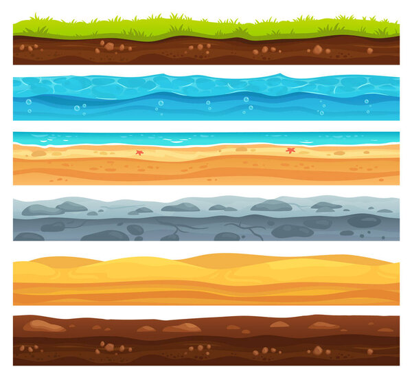 Бесшовная поверхность земли. Зелёная трава, песчаная пустыня и пляж с морской водой. Текстура Гроувэйерса для разработки уровня игры, геология векторный мультфильм изолированный набор
