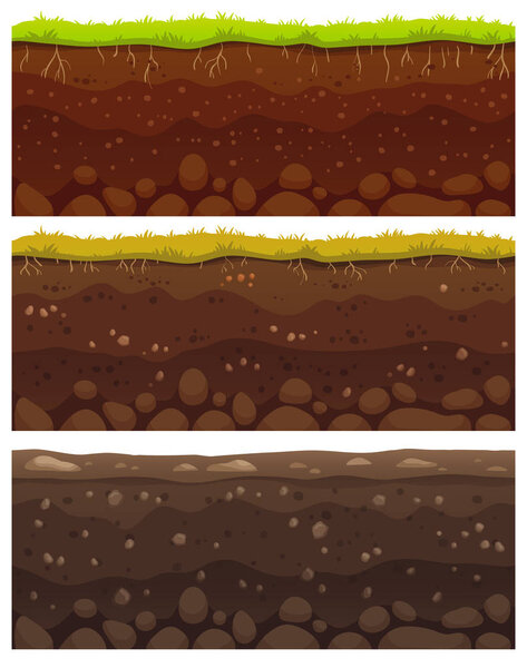 Seamless soil layers. Layered dirt clay, ground layer with stones and grass on dirts cliff texture vector pattern