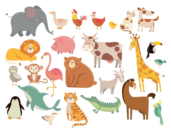 Animales de dibujos animados. Lindo elefante y león, jirafa y cocodrilo, vaca y pollo, perro y gato. Granja y animales de sabana vector conjunto — Vector de stock