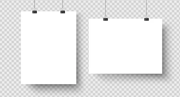 White blank posters hanging on binders. A4 paper page, sheet on wall. Vector mockup — Stock Vector