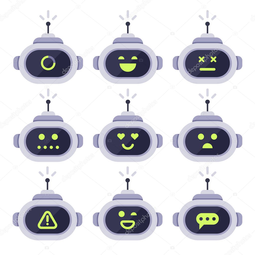 Chatbot avatar. Computer chat bots, android robot facial expressions and robotic cyborg head. Robots logo or bot vector icon set