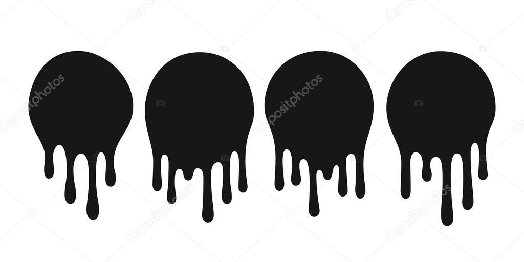 Dripping oil blob. Drip drop paint or sauce stain drips. Black drippings sauces current round spots, ink paint leak or liquid chocolate vector isolated icons set