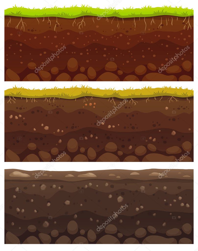 Seamless soil layers. Layered dirt clay, ground layer with stones and grass on dirts cliff texture vector pattern