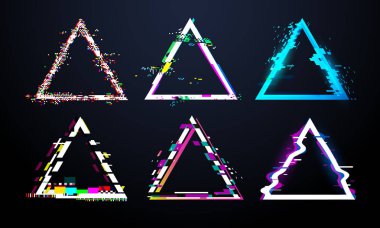 Glitch triangle frame. Distorted tv screen, flaw light bug effects on defect glitched triangles. Distortion glitches frames vector set clipart