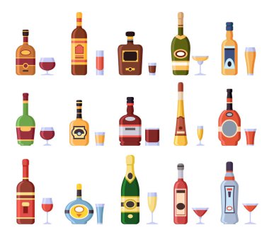 Alkol şişeleri ve gözlük. Elma suyu ile alkollü şişe, cam ya da likör atış ve kadehlerin izole simgeler vektör vermut ayarla