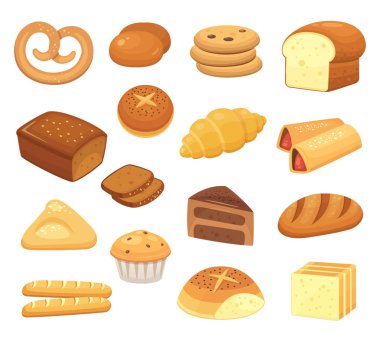 Çizgi film ekmek simgesi. Ekmek ve rulolar. Fransız rulo, kahvaltı tost ve tatlı pasta dilimi. Pastane Icons set vektör