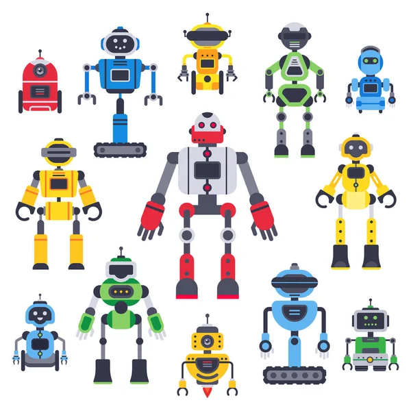 Bots planos y robots. Robótica mascota bot, robot humanoide y lindo chatbot asistente vector planos personajes conjunto — Archivo Imágenes Vectoriales