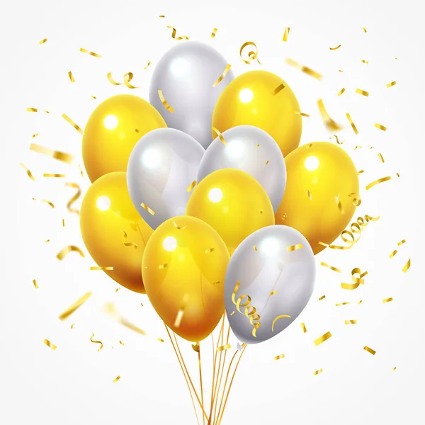 Flygande ballonger grupp. Gyllene glänsande fallande konfetti, glänsande gula och vita heliumballong med guld band 3d vektorillustration — Stock vektor