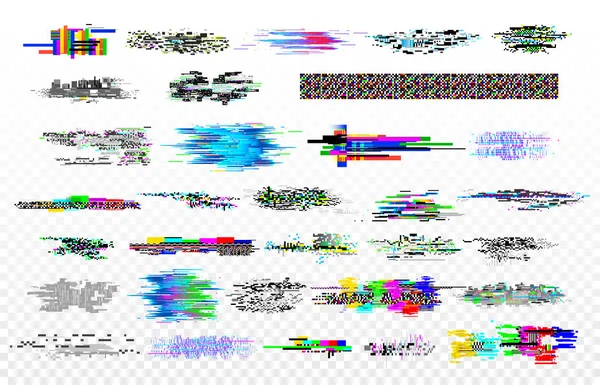 Moderna glitch samling. TV buller glitches, monitor signalen förfall och skärmen bugg. Digital data glitched signaler textur vektor set — Stock vektor