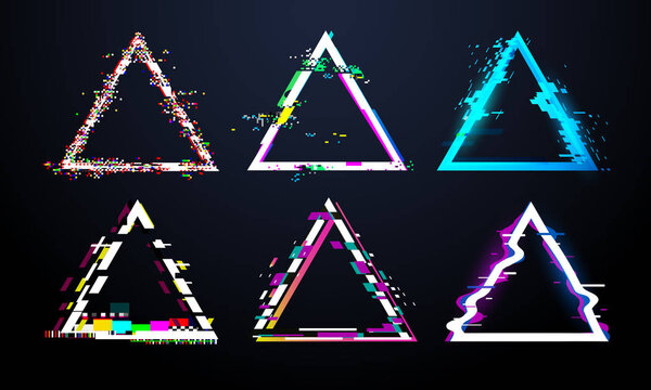 Glitch triangle frame. Distorted tv screen, flaw light bug effects on defect glitched triangles. Distortion glitches frames vector set