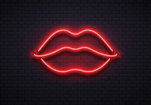 Retro neon lips tecken. Romantisk kyss, kyssas par lip bar röda neons lampor och valentine romance club vektorillustration — Stock vektor