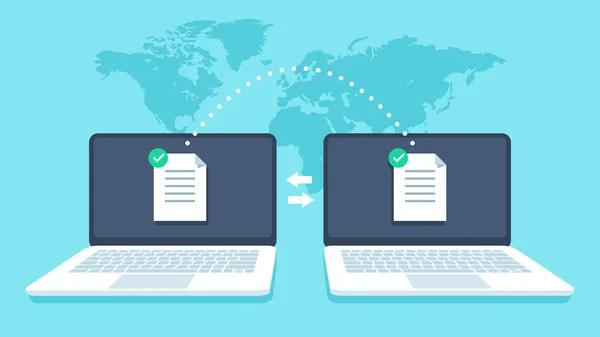 Transfert de fichiers pour ordinateurs portables. Transmission de données, récepteur de fichiers ftp et copie de sauvegarde d'ordinateur portable. Concept vectoriel de partage de documents — Image vectorielle