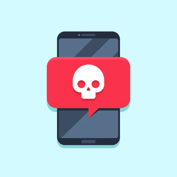 Virus melding op het scherm van de smartphone. Bericht waarschuwen, spam aanval of malware meldingen. Smartphones virussen vector concept — Stockvector