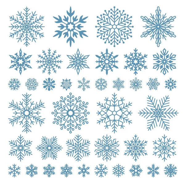 Platte sneeuwvlokken. Winter sneeuwvlok kristallen, kerst sneeuw vormen en frosted cool icon vector symboolset — Stockvector
