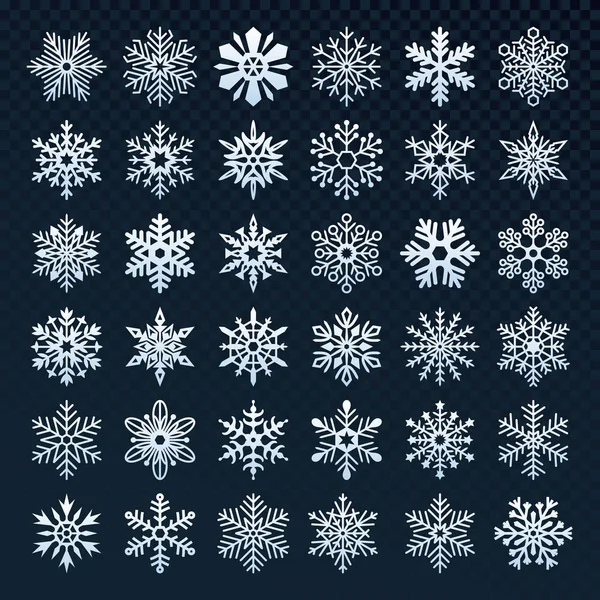 Sneeuwvlokken silhouet. Winter sneeuw symbool, ijs sneeuwval en koude sneeuwvlok geïsoleerd vector icon set — Stockvector