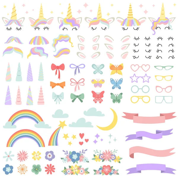 Unicorn constructor. Pony mane styling bundel, eenhoorns hoorn en partij bril ster. Bloemen, magische regenboog en hoofd bogen vector set — Stockvector