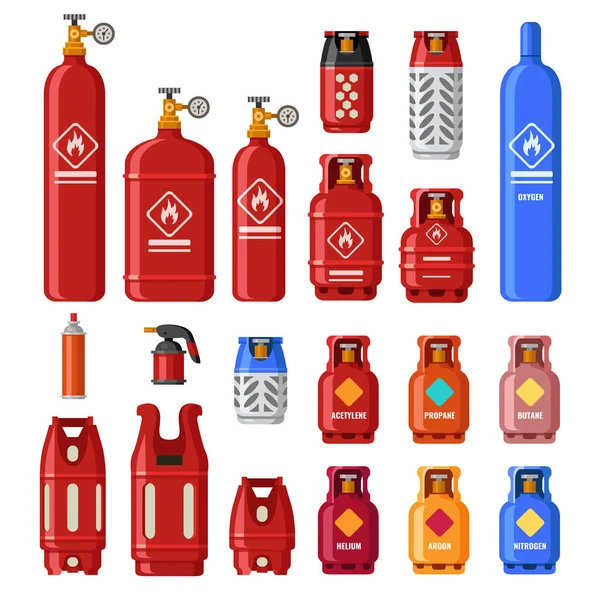 Gastank. Gasflaschen mit Acetylen, Propan oder Butan. Benzin im Sicherheitszylinder. Helium im Metalltank isolierter Vektorsatz — Stockvektor