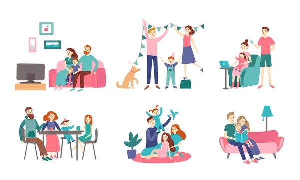 Family together at home. Young couple spend time with kids, read book and decorating house. Homeliness vector flat illustration — Stock Vector