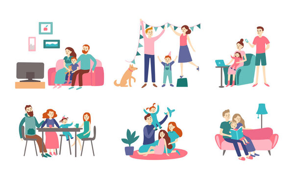 Family together at home. Young couple spend time with kids, read book and decorating house. Homeliness vector flat illustration