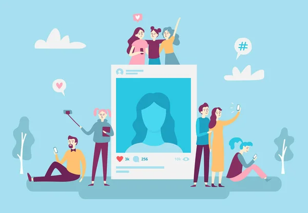 Réseaux sociaux photo post. Les jeunes postent des photos selfie sur smartphone. Illustration vectorielle de la dépendance aux médias sociaux — Image vectorielle