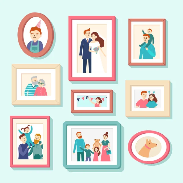 Portretten van de familieleden. Trouwfoto in frame, paar portret. Glimlachende man, vector vrouw en kinderen foto's in de frames illustratie — Stockvector