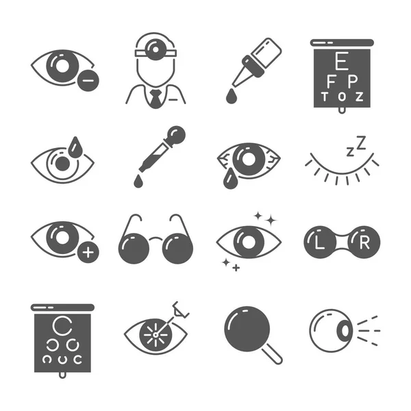 Ícones de optometria. Olhos e óculos, visão e lente, sinais de cirurgia a laser. Símbolos vetoriais da oftalmologia —  Vetores de Stock