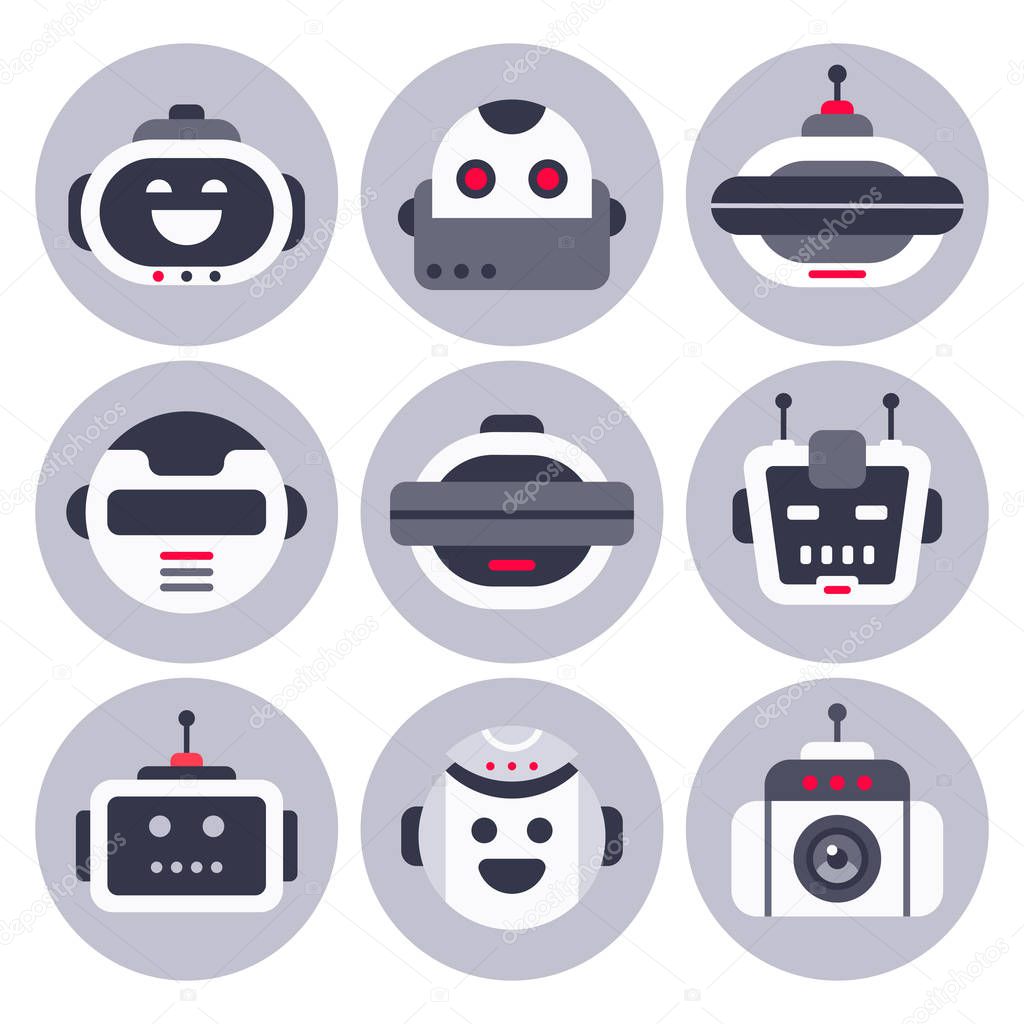 Robot icon. Robotic chatbot avatar, computer chat help bot robots and virtual assistant digital chatting bots isolated vector icons