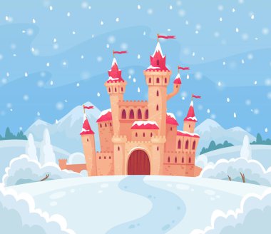 Peri masalları kış castle. Ortaçağ Kalesi karikatür vektör arka plan illüstrasyon ile büyülü karlı manzara