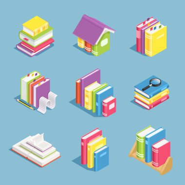İzometrik kitaplar. Kitap, açık ve kapalı ders kitapları yığını. Kütüphane ve eğitim 3d vektör simgeler