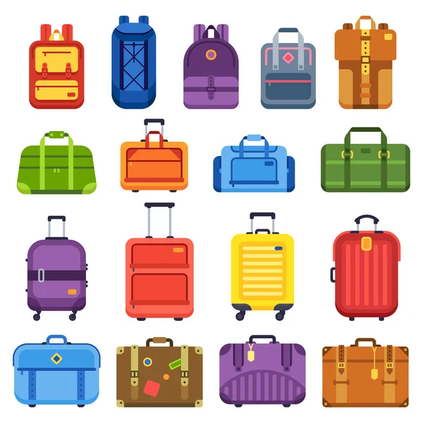 Maleta de equipaje. Manija bolsa de viaje, mochila de equipaje y maletas de negocios aislado conjunto de vectores planos — Archivo Imágenes Vectoriales