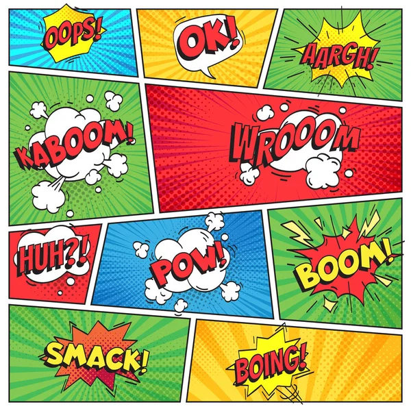 Pagina dei fumetti. Comic book grid frame, funny oops bam smack text speech bubbles on color stripes background vector layout template — Vettoriale Stock