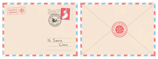 Vážený santa claus poštovní obálky. Vánoční překvapení dopis, pohlednice dítě s Severní pól razítko cachet vektorové ilustrace — Stockový vektor