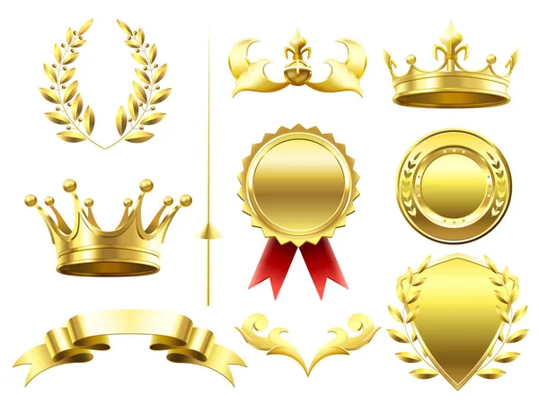 Heraldic 3D elements. Royal crowns and shields. Sport challenge winner gold medal. Laurel wreath and golden crown isolated vector set — Stock Vector