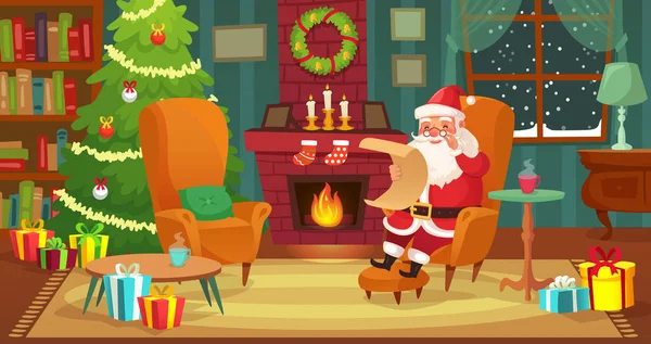 Χριστούγεννα εσωτερικό. Santa Claus χειμερινές διακοπές διακοσμημένο σαλόνι με τζάκι και Χριστούγεννα δέντρο καρτούν εικονογράφηση φορέα — Διανυσματικό Αρχείο