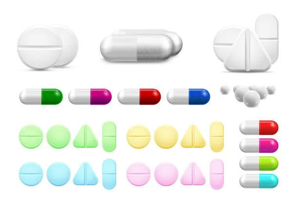 Isolated healthcare white pills, antibiotics or painkiller drugs. Vitamin pill, antibiotic capsule and pharmaceutical drug vector set — Stock Vector
