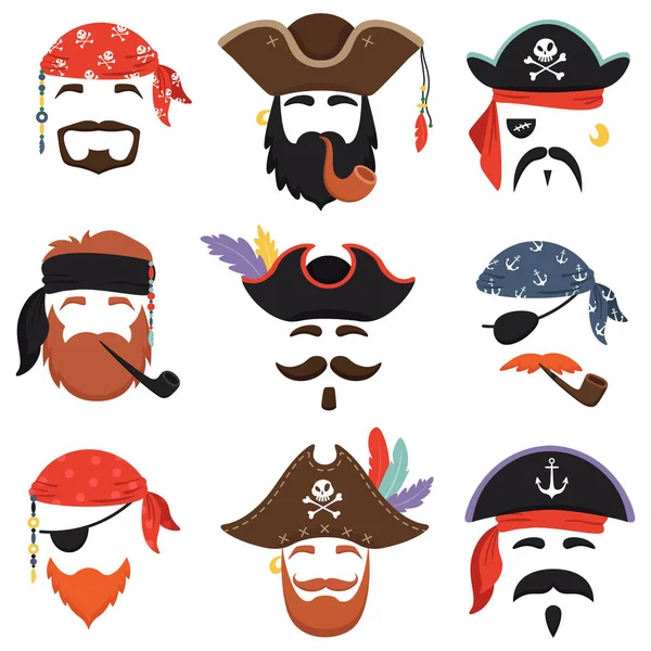 Карнавальная пиратская маска. Смешные морские пираты шляпы, путешествие бандана с дредами волосы и дымовая труба изолированные векторные маски набор — стоковый вектор