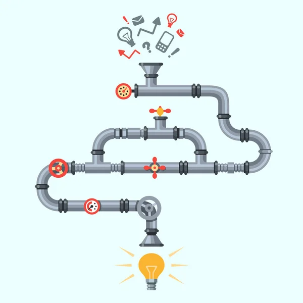 Generador de ideas. Máquina de generación de ideas, máquinas de fábrica de tuberías industriales con lámpara de iluminación. Concepto de vector de proceso empresarial — Archivo Imágenes Vectoriales