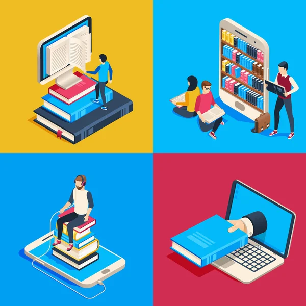 Isometric online library. Students reading books on smartphone, studying science book and read book on reader vector 3d illustration — Stock Vector