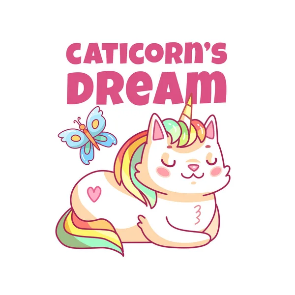 Macska Egyszarvú poszter. Aranyos rajzfilm caticorn, vicces magic kitty kisállat. Gyerek lány ruhák vektor nyomtatása — Stock Vector