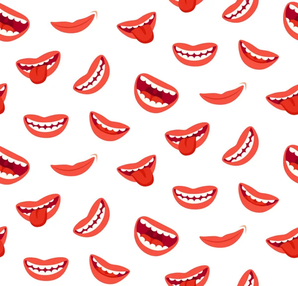 Dibujos animados labios sonrientes patrón sin costuras. Boca sonriente con lengua. Graciosa textura vectorial alegre — Vector de stock