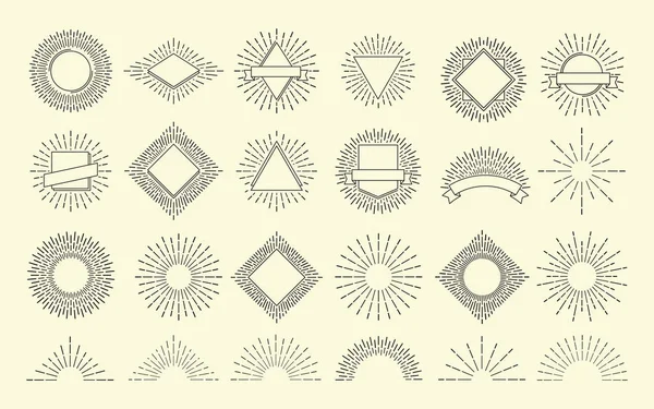 Puesta de sol. Vintage estalló emblema radial. Marcos de explosión del amanecer. Sol vector hipster gráfico aislado — Archivo Imágenes Vectoriales