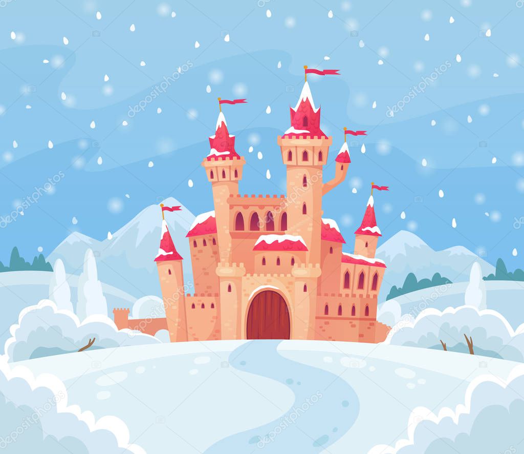 Fairy tales winter castle. Magical snowy landscape with medieval castle cartoon vector background illustration