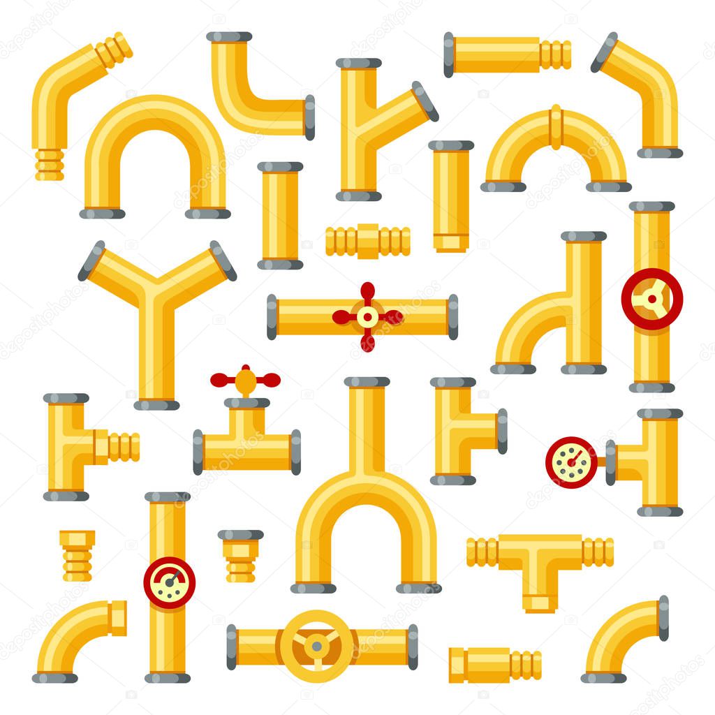 Gas pipeline. Industrial yellow pipes, pipe construction with valves and pipelines isolated elements vector set