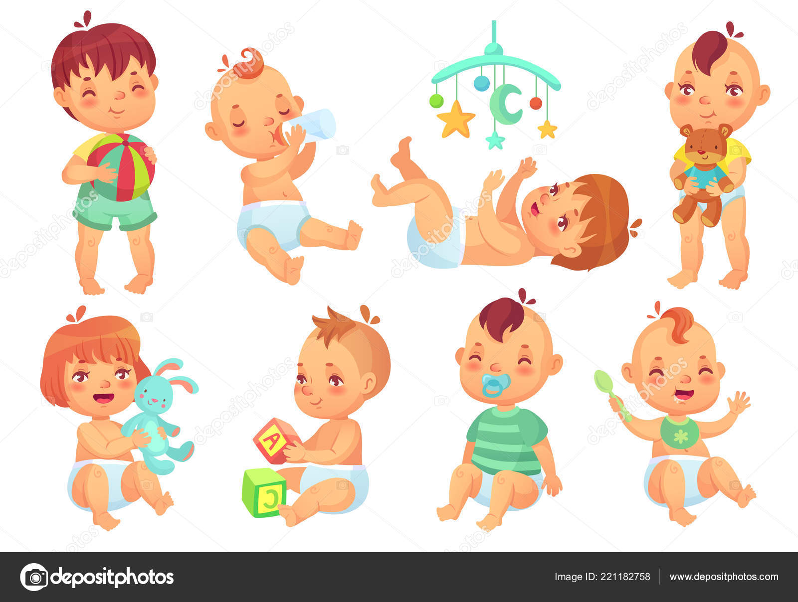 Smiling cartoon baby. Happy cute little kids playing with toys, small  infant with pacifier and newborn children isolated vector set Stock Vector  Image by ©.com #221182758