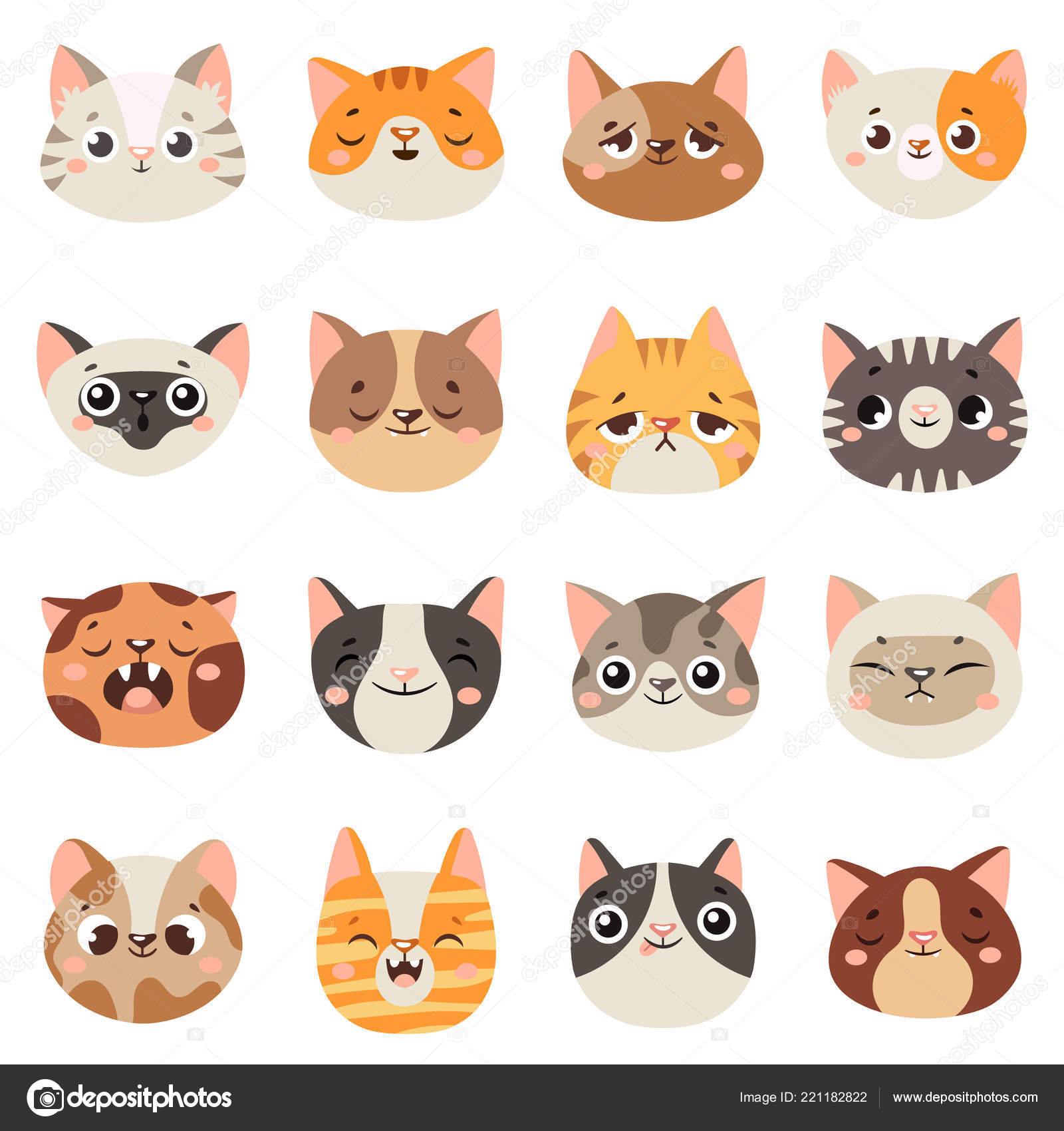 Cute Domestic Cat Facial Expressions Icon Set Vector Stock