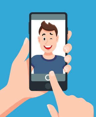 Adam akıllı telefon selfie portre çekici. Dokunaklı telefon fotoğraf karikatür vektör çizim