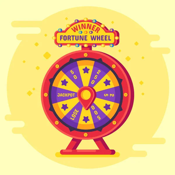 Vítěz kola štěstí. Šťastnou náhodou rotace kola hra, moderní otáčení peněz ruleta a hazardu vektor plochý plakát — Stockový vektor